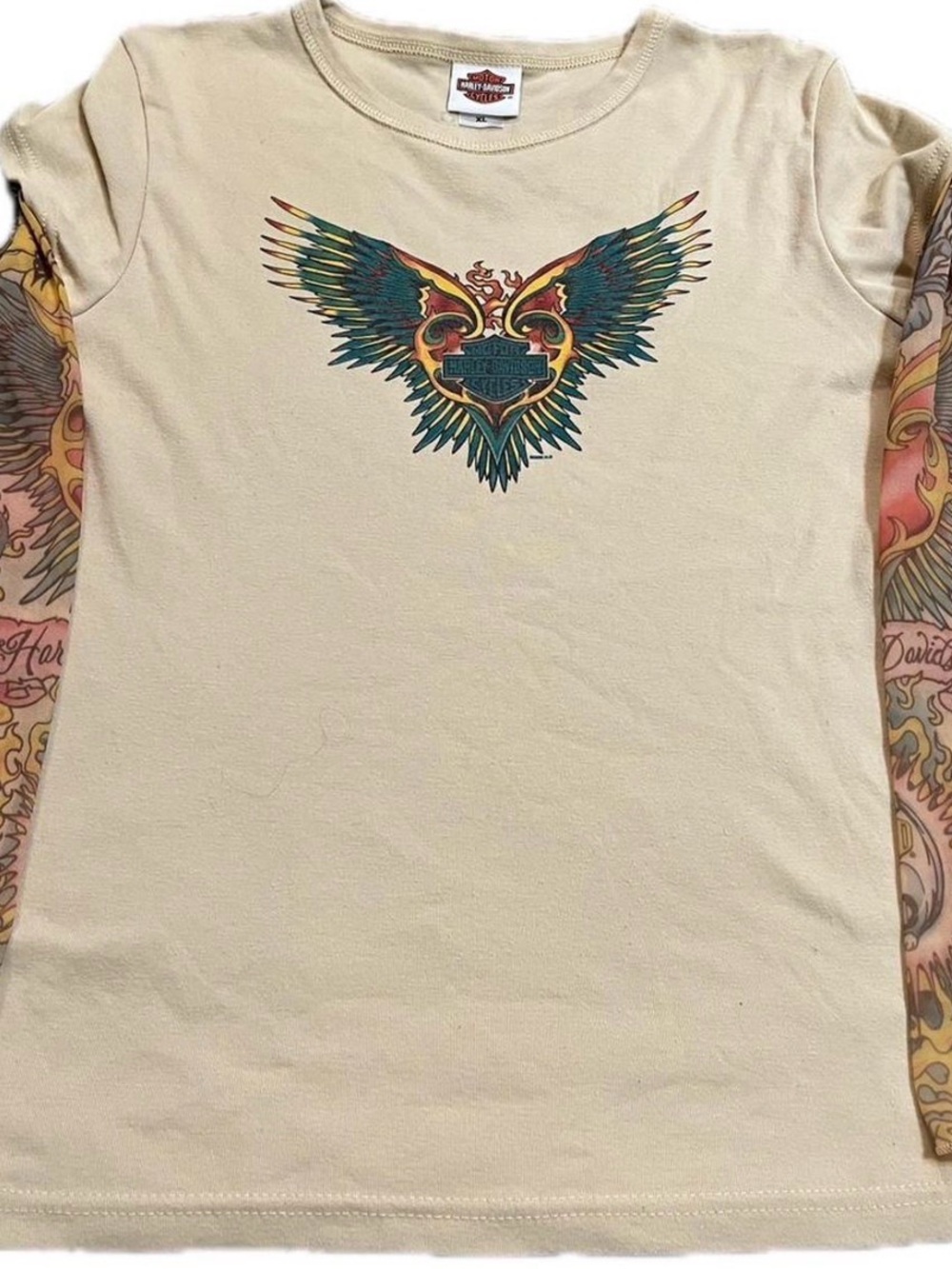 Women’s Vtg Y2K Harley Davidson Long Tattoo Sleeves T-Shirt Size XL Flames